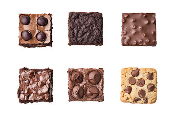 Assorted brownies on a white background, showcasing different chocolate varieties and textures, perfect for dessert lovers.