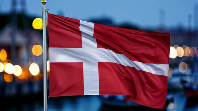 Flag of denmark. Danish flag fluttering at night with urban lights, symbolizing national pride and culture.