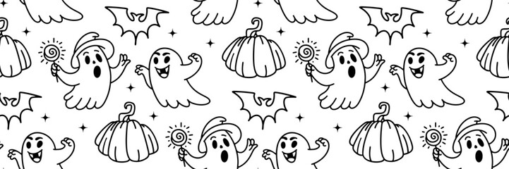 Halloween doodle pattern. Spooky character, bat and pumpkin outline background. Cute ghost for fun holiday. For printing, wrapping paper, wallpaper, fabric. Vector hand drawn illustration.
