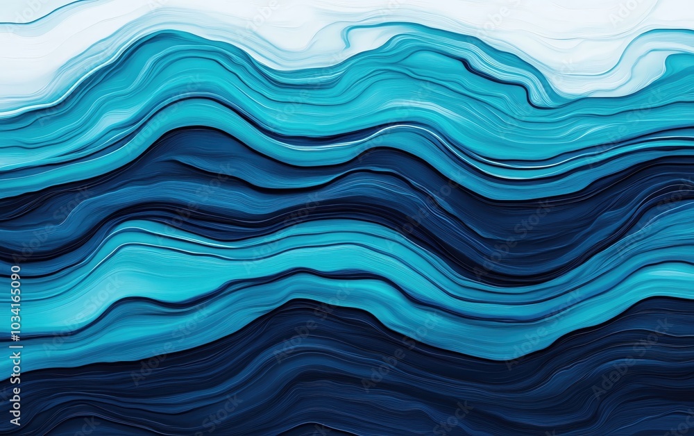 Poster vibrant abstract waves in deep blue and turquoise hues, creating a calming and modern visual for art