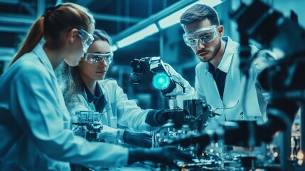 Team of scientists collaborating in a high-tech laboratory at night