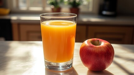 Quenching Thirst with Freshly Squeezed Apple Juice and a Juicy Apple on a Sunny Kitchen Counter