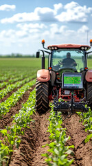 Fototapeta premium Tractor working in a green crop field