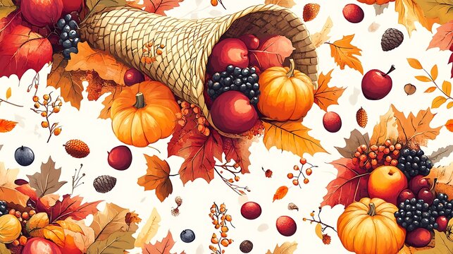 A seamless pattern of cartoon cornucopias overflowing with mini pumpkins, apples, and berries, playful and vibrant colors, warm autumn background with soft lighting, scattered fall leaves and acorns,