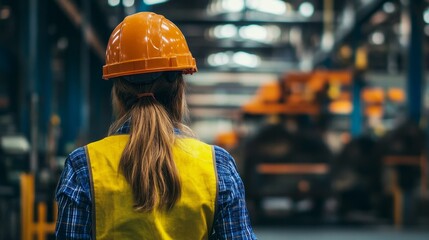 Woman in safety gear observing industrial machinery in a factory