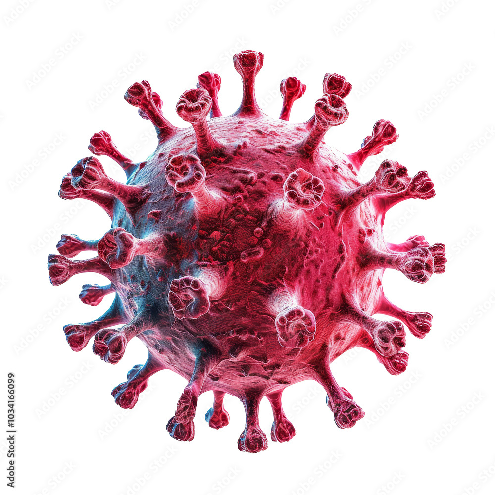 Poster detailed depiction of a virus structure showcasing spikes and surface features against a transparent
