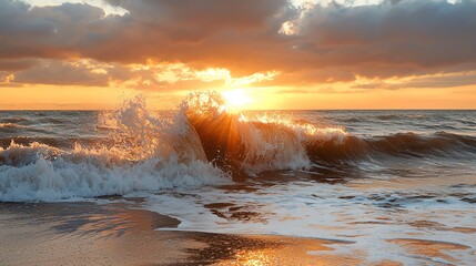 A tidal wave crashing against the shore at sunrise, the sun s light reflecting off the powerful water, tidal wave, ocean power at dawn