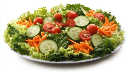 Crisp garden salad filled with fresh mixed greens, cherry tomatoes, cucumbers, and carrots, presented on a clean white plate