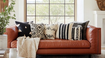 Cozy brown leather sofa adorned with boho pillows and a patterned throw, sitting in front of a large window with soft natural light