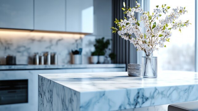 Bright modern kitchen featuring a large marble bench as the focal point, softly blurred background, light color palette creating an inviting atmosphere.