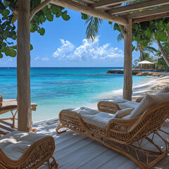 a luxury  Hotel Resort shore at a turquoise  sea,   stylish  large rattan beds . Luxury holiday 