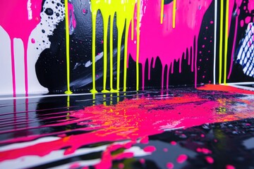Abstract mixed media piece with neon paint drips over black and white photography