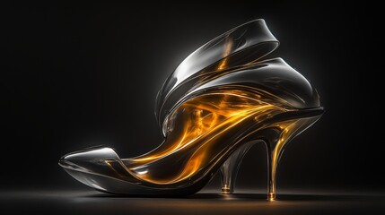 Futuristic Metallic High Heel Shoe with Golden Glow   Abstract Design