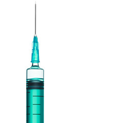 Syringe with blue liquid, white isolated background.