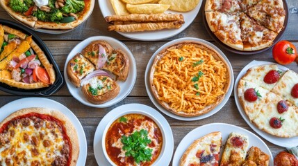 Delicious airfryer meals arranged on a kitchen table with plenty of space for copy, showcasing healthy and convenient cooking