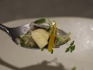 A spoonful of food with a piece of celery sticking out of it. The spoonful of food is a mix of...