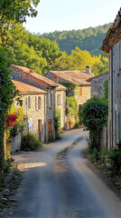 Serene Rural Road Flanked by Historic Stone Houses Under Clear Blue Sky