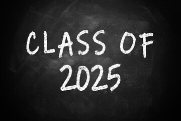 Obraz premium Welcome class of 2025 - chalkboard sign design. An apple and a pencil on either side. A fresh new start of a new school year. Graduation class. Background and poster sign. Chalk writing and drawing.