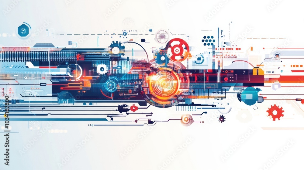 Poster digital and mechanical components, gears and tech circuits, intertwine in motion on a white backgrou