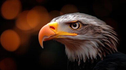 Obraz premium A close-up of a majestic eagle with piercing eyes stands out against a blurred background, highlighting its fierce gaze and commanding presence.