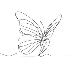 A butterfly is drawn in a line drawing style on a white background. The butterfly is positioned in the center of the image, with its wings spread out