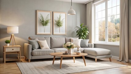 Fototapeta premium A modern living room interior design featuring a comfortable sectional sofa, a wooden coffee table, a floor lamp, and a large window with natural light streaming in.