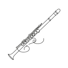 A white line drawing of a flute with a swirl design on it. The flute is the main focus of the drawing, and the swirl design adds a sense of movement and elegance to the instrument