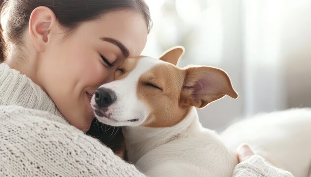 A fun and loving interaction between a woman and her dog, with her making a kissy face as she holds the dog.