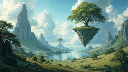 Fototapeta premium Flying Islands, the Green Landscape of the Future