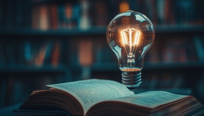Shining Lightbulb Above A Book: Stimulating The Reading Concept For Business Education And Innovation, Self-Learning, And Idea Generation.