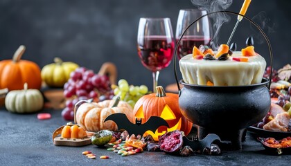 Obraz premium A Halloween fondue station with a bubbling cauldron of cheese fondue and bat-shaped dippers on a mystical table.