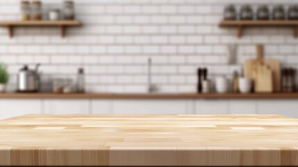 Empty kitchen countertop with a blurred white kitchen background, ideal for showcasing products in a clean, modern space