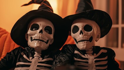 A Halloween party for kids, showcasing costumes like a skeleton, ghost, and witch.