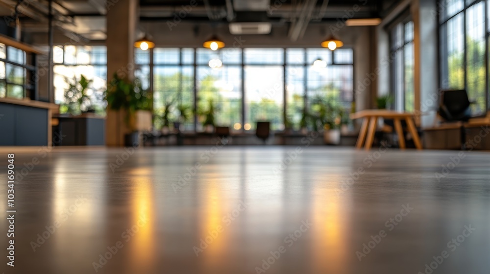 Poster empty modern office with a blurred background of large windows and minimalist furniture, emphasizing