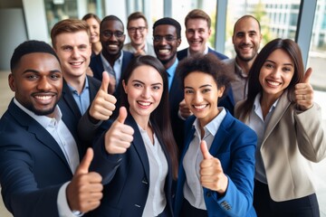 Portrait of successful diverse employees team showing thumbs up, standing near office room, happy confident businesspeople interns workers looking at camera, human resources and employment concept