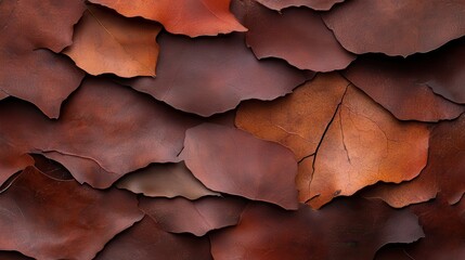 This image displays an artistic arrangement of dry, cracked reddish brown leaves, symbolizing change and the passage of time in a beautifully textured manner.