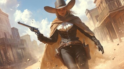 A confident cowgirl drawing a revolver in a dusty old town, showcasing strength and adventure.