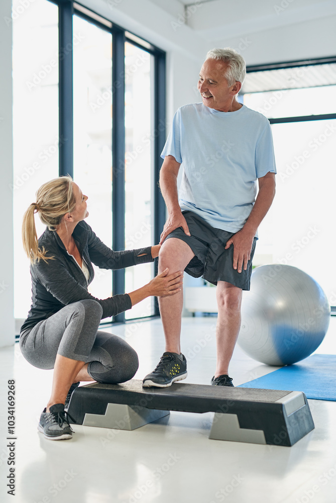 Poster Fitness, senior man and physiotherapist with leg for stretching, massage and assistance for wellness. Rehabilitation, patient and woman with help for physiotherapy, exercise and support for recovery