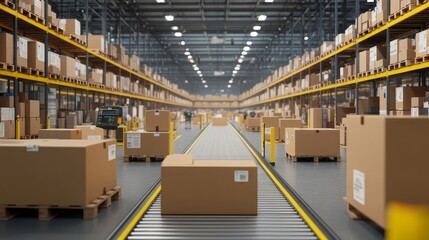 Modern distribution warehouse with conveyor belts, packages flowing smoothly, very realistic