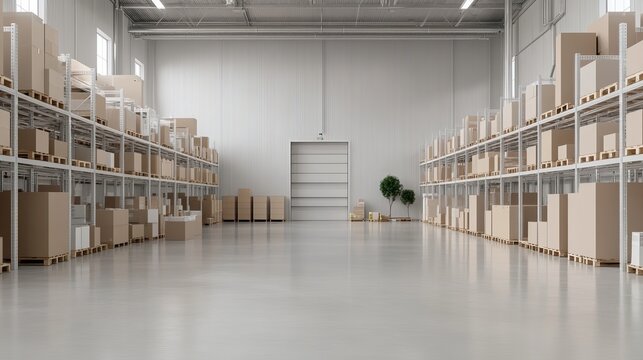 Efficient storage system, tall shelves filled with boxes, clean warehouse setup, very realistic