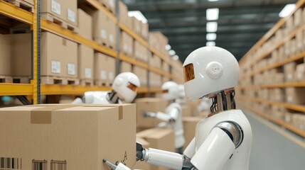 Smart warehouse robots collaborating, automated system, high-tech logistics, very realistic