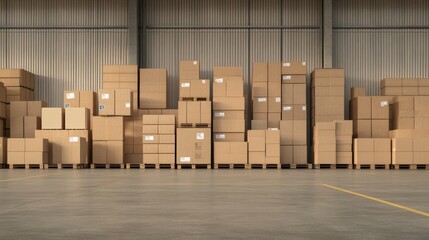Stacks of cardboard boxes near warehouse entrance, efficient and tidy layout, very realistic