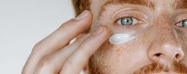 A man carefully applying a brightening eye cream to maintain a healthy and youthful appearance.