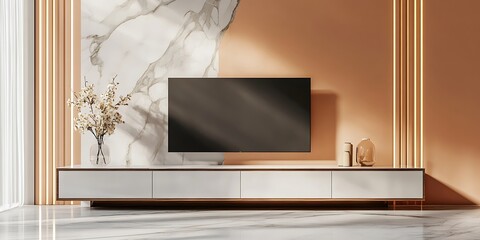 Classic expensive luxury light TV wall mock up with commode and wood panels. Modern interior living room with marble beige background.