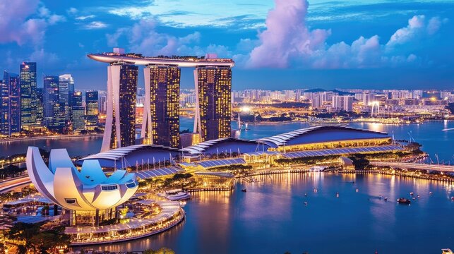 Aerial view of Singapore iconic Marina Bay Sands illuminated against the night sky, with the city skyline in the background.