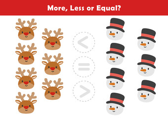Comparison Worksheet with Cute Christmas Illustration for Kids. Counting Games for Preschoolers. More or Less Worksheet for Kindergarten. Christmas activity sheet.
