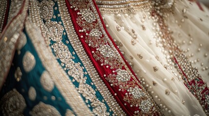 An elegant bridal outfit adorned with rich zardozi work, shimmering pearls, and intricate bead designs.