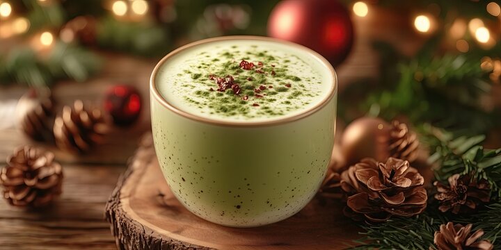 Cozy green matcha latte in a speckled mug sitting on a wooden surface surrounded by pine cones and holiday decorations creating a warm atmosphere perfect for winter relaxation