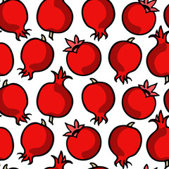 Vector seamless pattern with hand drawn ripe pomegranates. Beautiful ink drawing, juicy fruit, vibrant colors. Wonderful food design elements, perfect for prints and patterns
