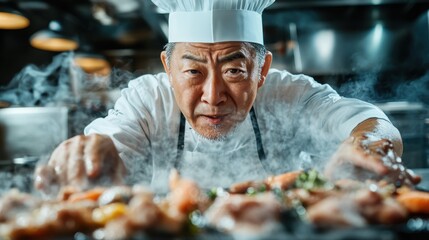 An experienced chef in a professional kitchen is captured with determination and skill, as he meticulously prepares a flavorful dish amidst a cloud of steam and culinary focus.
